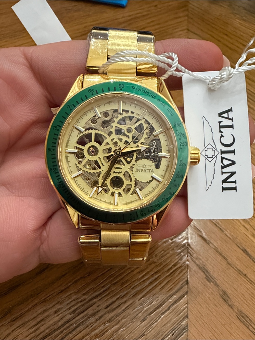 Invicta Automatic Skeleton Gold Watch with Green Bezel